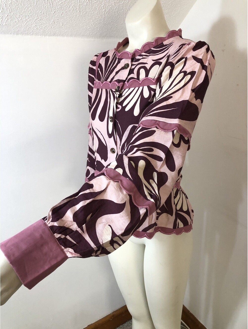 TCEC Womens Large Blouse Pink Burgundy Print Scalloped Trim Peplum New - Picture 7 of 9